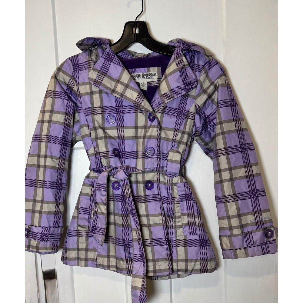 London Fog Girls Purple Plaid Trench Coat Hooded Fleece Lined Raincoat Sz 7 b5.2